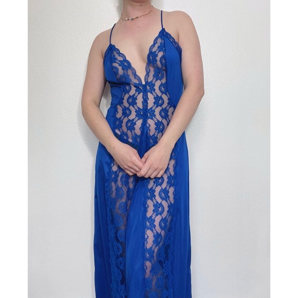 Vae Mode | Vintage 80s Cobalt Blue Lace Front Long Slip Dress Lingerie Nightgown - Picture 1 of 14